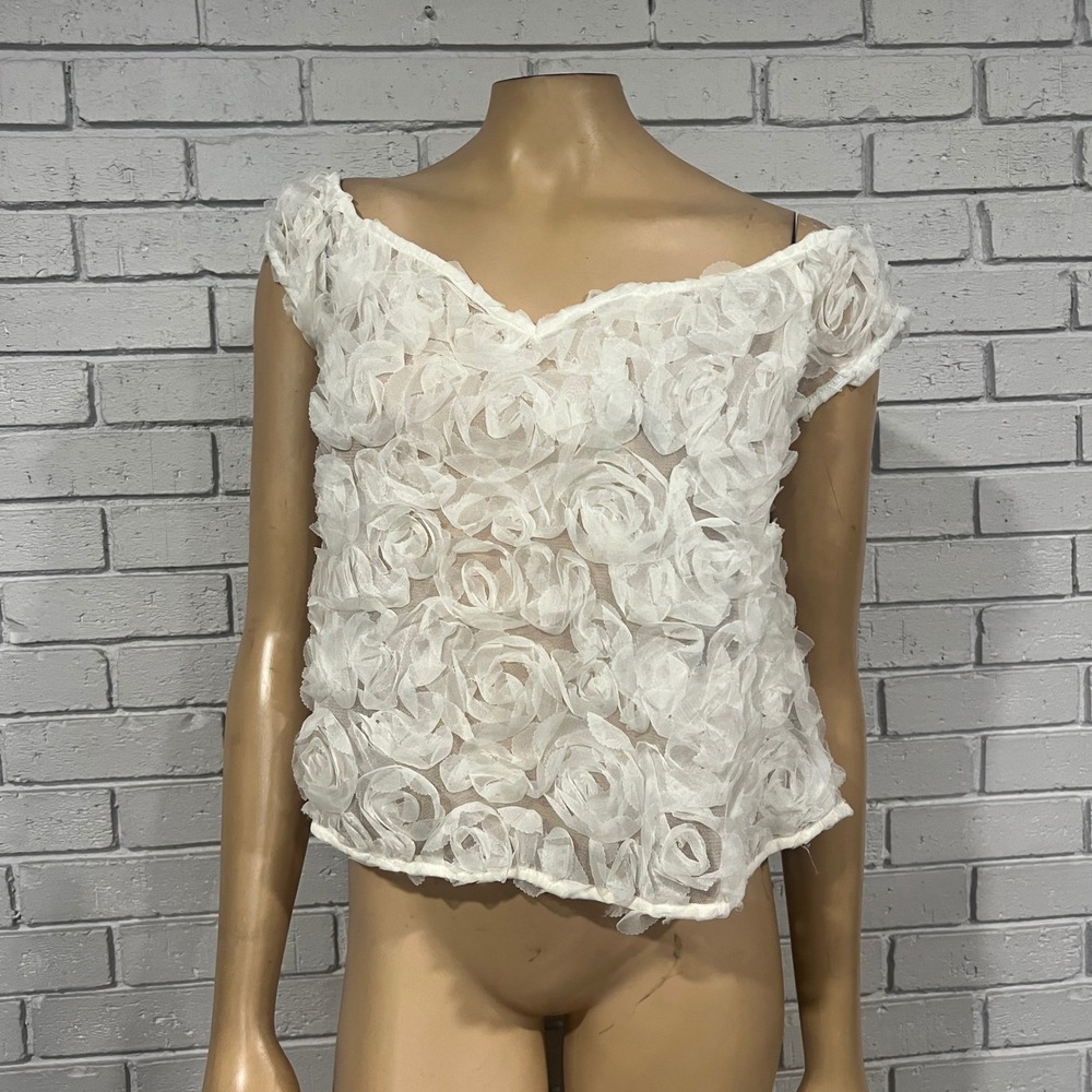 Anthropologie Ivory 3D Rosette Mesh V-Neck Cap Sleeve Floral Top Romantic L